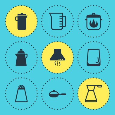 9 yemek simgeler vektör Illustration. Kupası, tencere, tava ve diğer simge öğeleri ölçme düzenlenebilir seti.