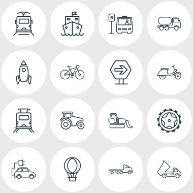 16 ulaşım simgeler çizgi stili vektör Illustration. Eko araba, uzay aracı, flatbed kamyon ve diğer simge öğeleri düzenlenebilir kümesi.