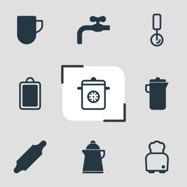 9 restoran simgeler vektör Illustration. Ekmek kızartma makinesi, kesme tahtası, pizza kesici ve diğer simge öğeleri düzenlenebilir kümesi.