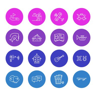 16 faaliyetleri simgeler çizgi stili vektör Illustration. Robotlar, Astroloji, trompet ve diğer simge öğeleri düzenlenebilir kümesi.