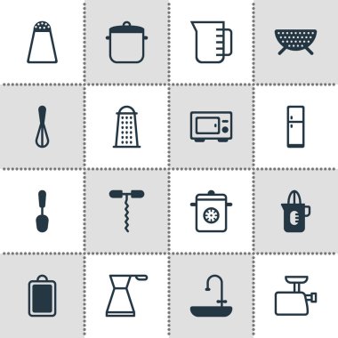 16 mutfak eşyaları simgeler vektör Illustration. Düzenlenebilir dizi kaşık, kesme tahtası, kevgir simgesi öğeleri.