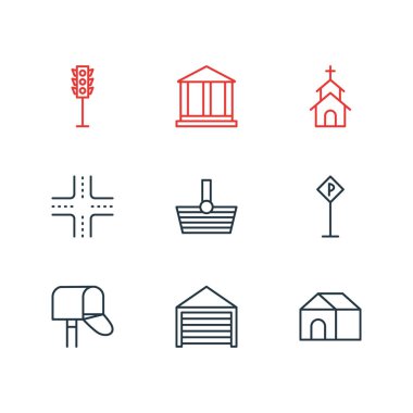 9 kentsel simgeleri çizgi stili vektör Illustration. Alışveriş, Park, postbox ve diğer simge öğeleri düzenlenebilir kümesi.