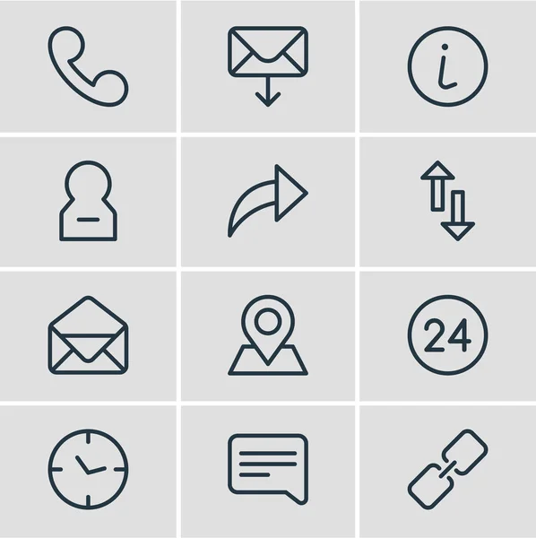 Ilustración de 12 iconos de contacto estilo de línea. Conjunto editable de sobre, recibir correo, flecha y otros elementos del icono . — Foto de Stock