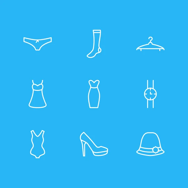 Ilustración de 9 iconos de vestido estilo de línea. Conjunto editable de traje de baño, tocados elegantes, ropa interior y otros elementos del icono . —  Fotos de Stock