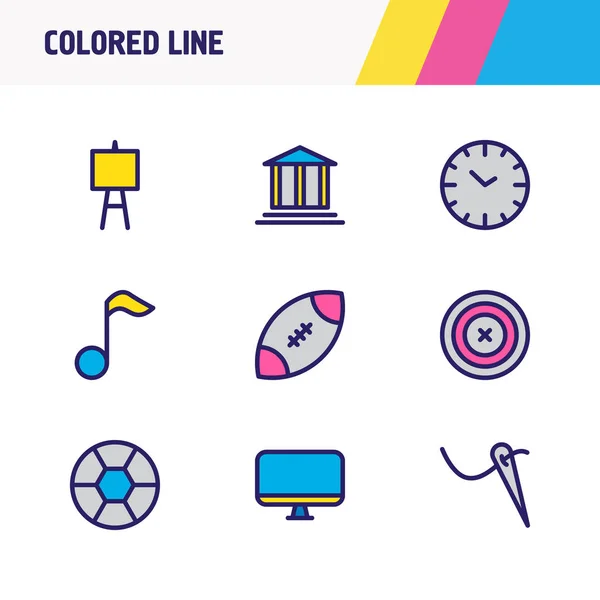 Illustration de 9 icônes de passe-temps ligne colorée. Jeu modifiable de buts, aiguilles, horloge et autres éléments d'icône . — Photo