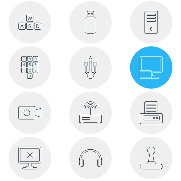 illustration of 12 computer icons line style. Editable set of universal serial bus, memory stick, offline computer and other icon elements.