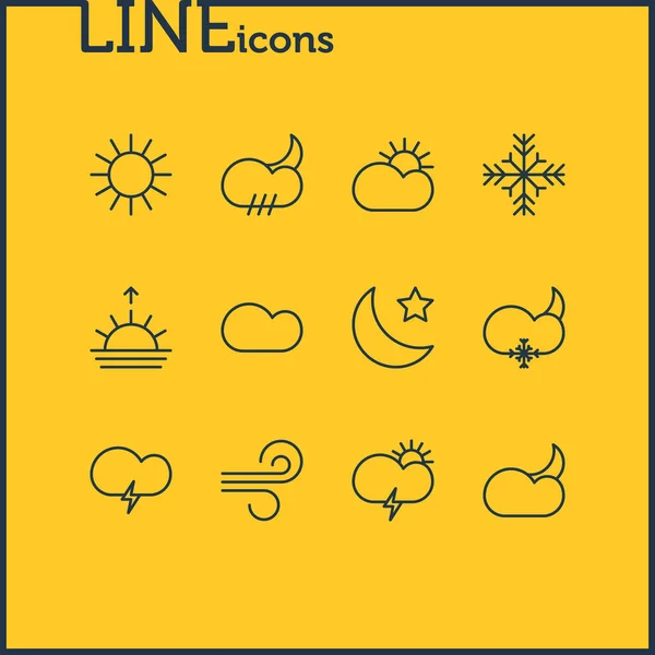 illustration of 12 weather icons line style. Editable set of wind, night, snowflake and other icon elements.