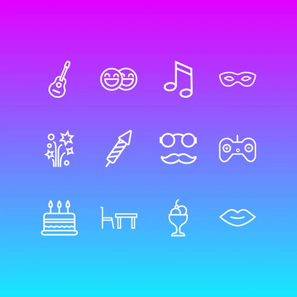 Illustration von 12 Feiersymbolen im Zeilenstil. Editierbares Set glücklicher Menschen, Esstisch, Gitarre und andere Symbolelemente. — Stockfoto