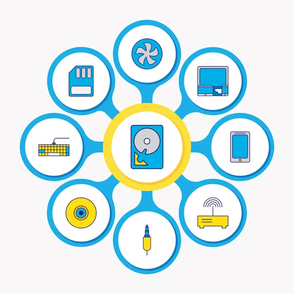 illustration of 9 notebook icons colored line. Editable set of jack cable, sd card, modem and other icon elements.