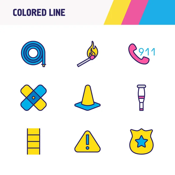 Illustration von 9 Notfall-Symbolen farbige Linie. editierbares Aufmerksamkeitsset, Polizeischild, Leiter und andere Symbolelemente. — Stockfoto