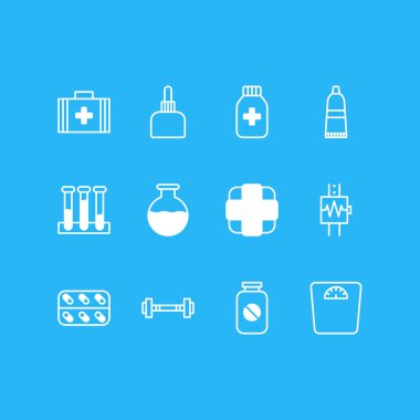 12 sağlık simgeler çizgi stili Illustration. İlaç kabı, semaver, hapı şişe ve diğer simge öğeleri düzenlenebilir kümesi.