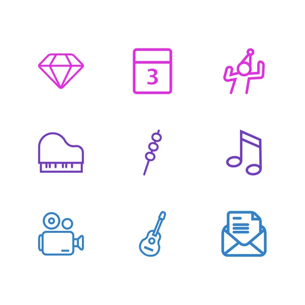 Illustration av 9 händelse ikoner linjeformat. Redigerbara uppsättning diamond, event dag, musik anteckning och andra ikonen element. — Stockfoto