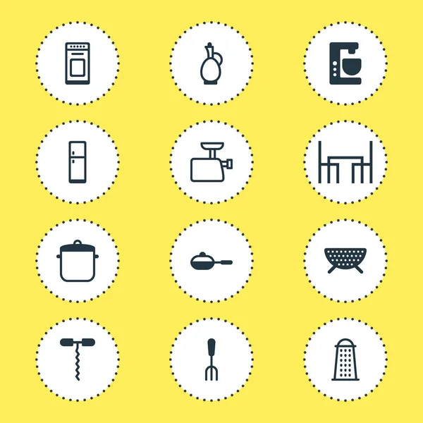 Illustratie van 12 keukengerei pictogrammen. Bewerkbare set rasp, vleesmolen, eetkamer hulpprogramma en andere elementen van het pictogram. — Stockfoto