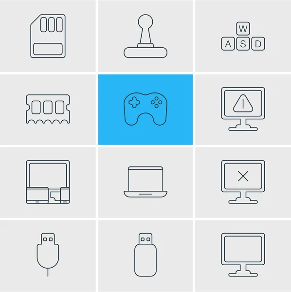 Ilustración de 12 iconos portátiles estilo de línea. Conjunto editable de teclado de juego, ram, tarjeta SD y otros elementos del icono . —  Fotos de Stock