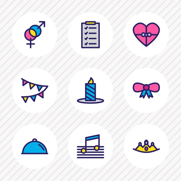 Illustration of 9 party icons colored line. Editable set of music, flags, crown and other icon elements. — Stock Photo, Image