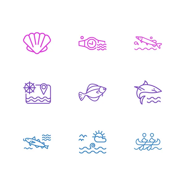 Illustratie van 9 zee pictogrammen lijnstijl. Bewerkbare set shark, landschap van zee, schelp pictogram elementen. — Stockfoto