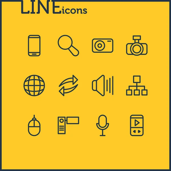 Ilustración de 12 iconos de medios estilo de línea. Conjunto editable de sonido, reproductor, aparato fotográfico y otros elementos del icono . —  Fotos de Stock