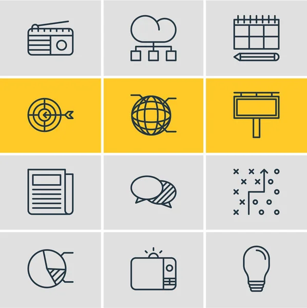 illustration of 12 marketing icons line style. Editable set of newspaper, outdoor ad, tv and other icon elements.