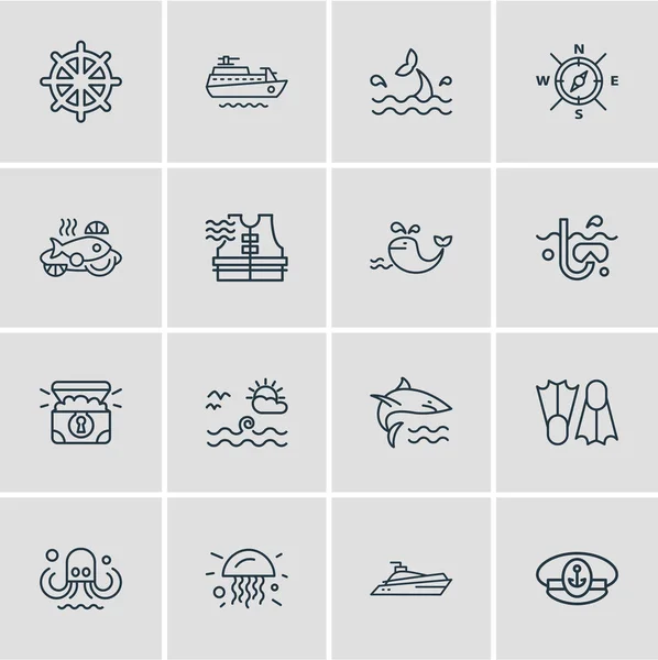 Ilustración de 16 iconos navales estilo de línea. Conjunto editable de yates, cola de ballena, tiburones y otros elementos icono . —  Fotos de Stock