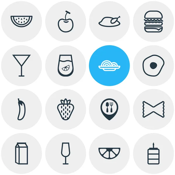16 식사 아이콘 선 스타일의 그림입니다. 체리, 파스타, 가지 및 기타 아이콘 요소 편집 가능한 세트. — 스톡 사진