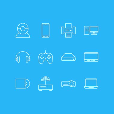 12 Aygıt simgeleri çizgi stili vektör Illustration. Tablet telefon, yönlendirici, cd-rom ve diğer simge öğeleri düzenlenebilir kümesi.