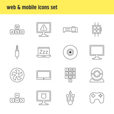 16 dizüstü bilgisayar simgeleri çizgi stili vektör Illustration. Uyku modu, evrensel seri veri yolu, akıllı telefon ve diğer simge öğeleri düzenlenebilir kümesi.