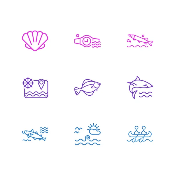 Vektor ilustrasi dari 9 ikon laut gaya garis. Set dapat disunting hiu, lanskap laut, elemen ikon scallop . - Stok Vektor