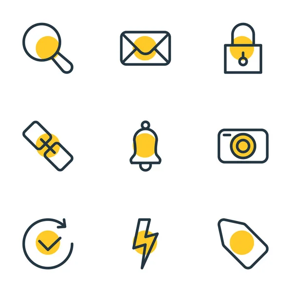 Illustrazione vettoriale di 9 icone di applicazione stile linea. Set modificabile di fotocamera, ricerca, link e altri elementi icona . — Vettoriale Stock
