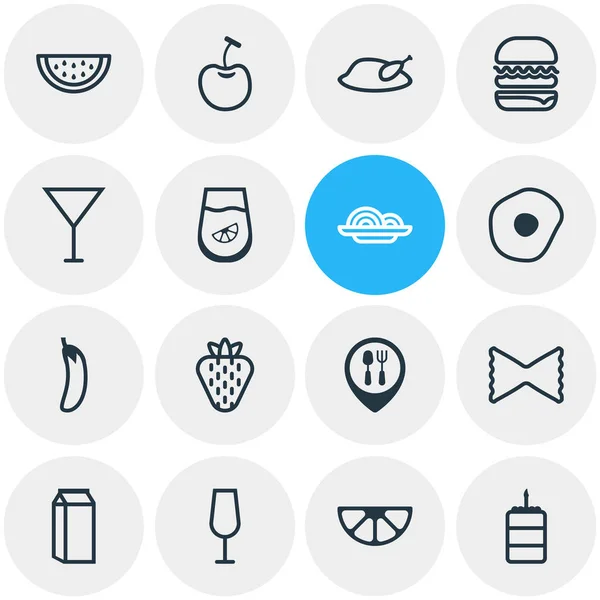 Vektorové ilustrace styl čáry ikony 16 potravin. Upravitelné sady třešní, těstoviny, lilek a další prvky, ikona. — Stockový vektor
