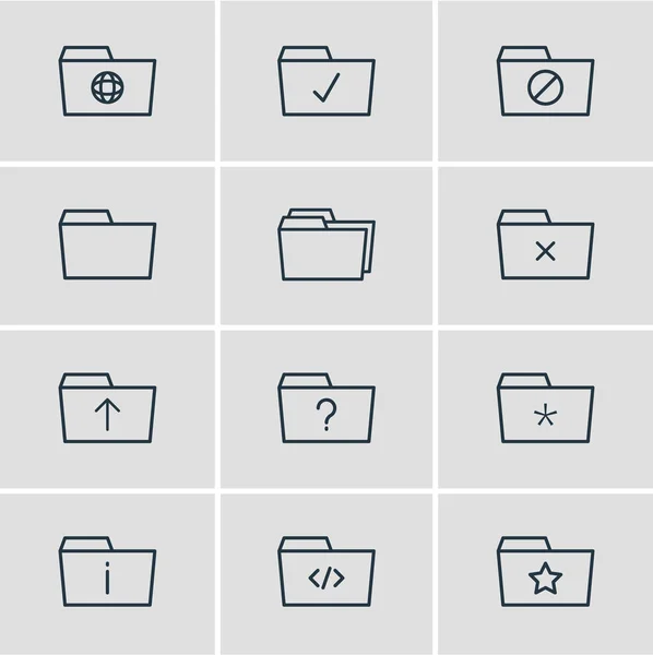 Ilustração vetorial de 12 ícones de pasta estilo de linha. Conjunto editável de upload, importante, estrelado e outros elementos de ícone . —  Vetores de Stock