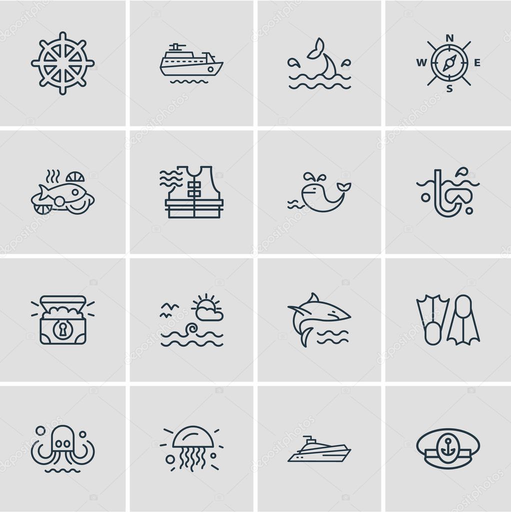 Vector illustration of 16 naval icons line style. Editable set of yacht, whale tail, shark and other icon elements.