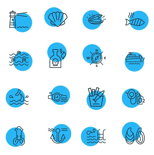 Ilustração de 16 ícones marítimos estilo linha. Conjunto editável de farol, mexilhão, peixe com batatas fritas e outros elementos de ícone . — Fotografia de Stock