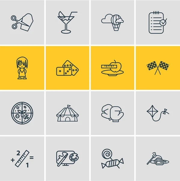 Ilustración de 16 iconos de entretenimiento estilo de línea. Conjunto editable de matemáticas, boxeo, diseño y otros elementos del icono . —  Fotos de Stock