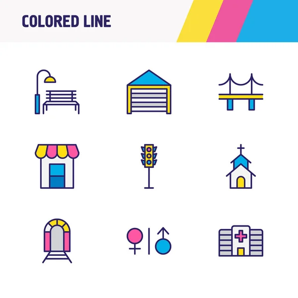 illustration of 9 infrastructure icons colored line. Editable set of wc, traffic light, hospital and other icon elements.