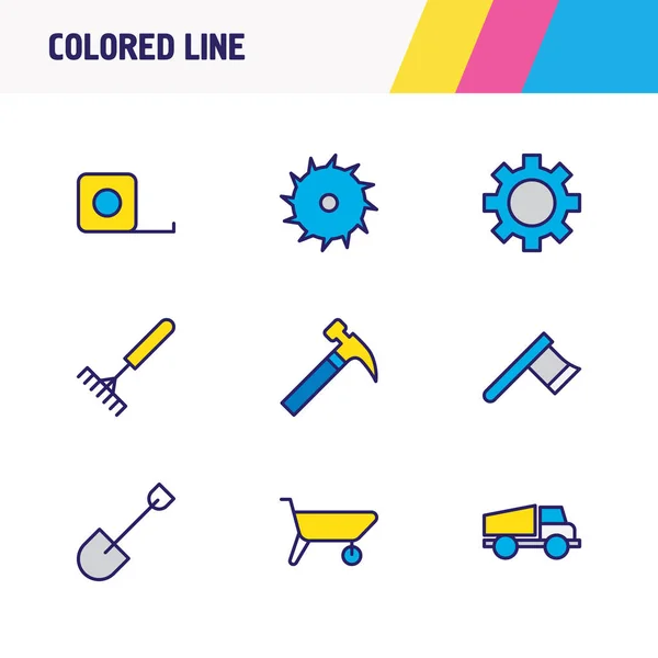 Illustrazione di 9 icone struttura linea colorata. Set modificabile di elementi rastrello, camion, portabagagli e altri elementi icona . — Foto Stock