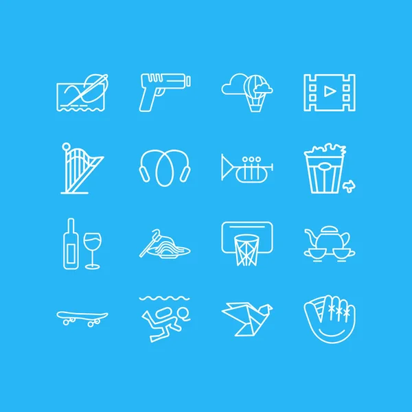 Ilustración de 16 iconos hobby estilo de línea. Conjunto editable de trompeta, cuerda de salto, baloncesto y otros elementos del icono . —  Fotos de Stock