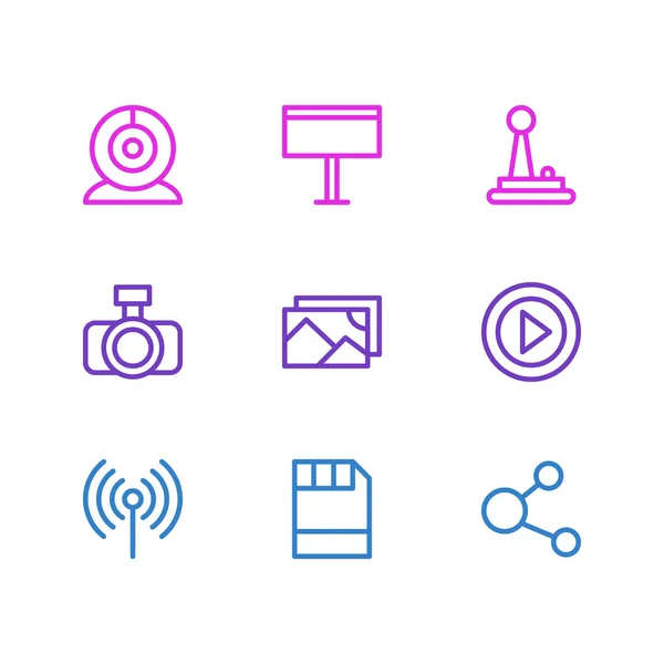 Ilustración de 9 iconos de música estilo de línea. Conjunto editable de aparatos de fotografía, vídeo, webcam y otros elementos del icono . —  Fotos de Stock