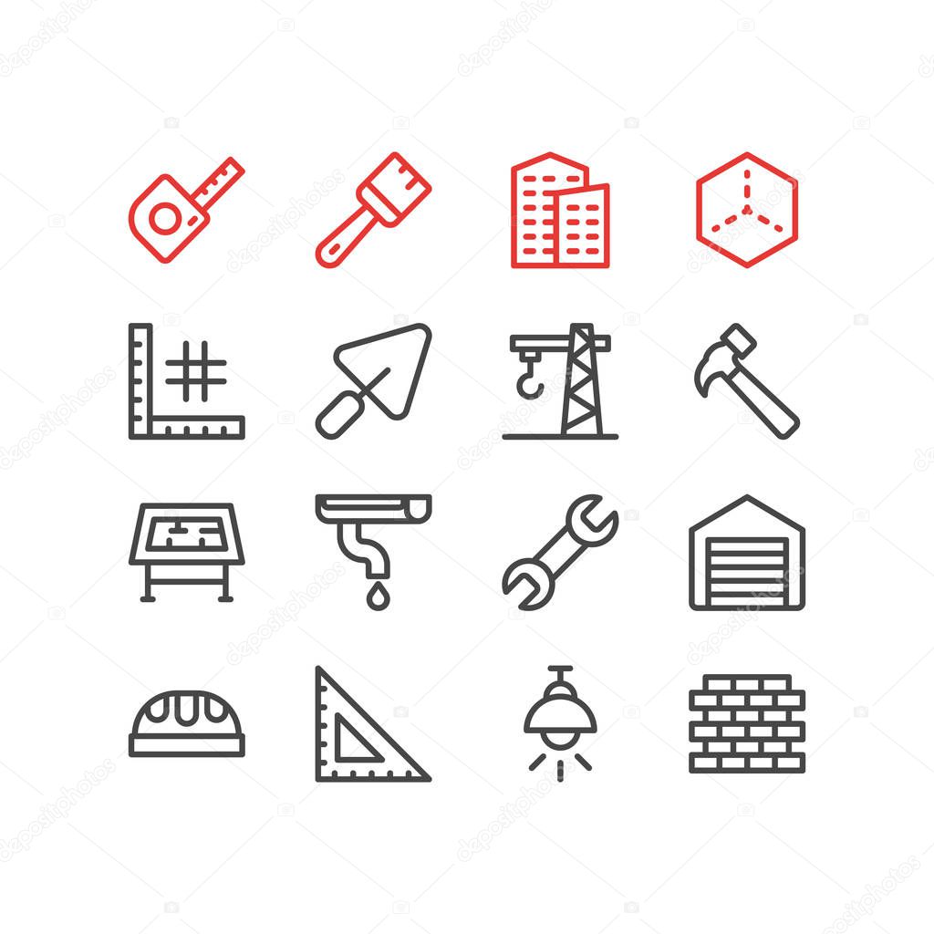 illustration of 16 architecture icons line style. Editable set of worker hat, crane, tape and other icon elements.