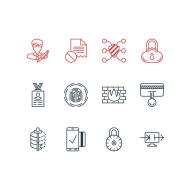 12 gizlilik simgeler çizgi stili vektör Illustration. Bozuk dosya, kişisel bilgi, parmak izi okuyucu ve diğer simge öğeleri düzenlenebilir kümesi.