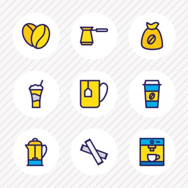 9 java simgeler renkli çizgi vektör Illustration. Fransız basın, git, cezve ve diğer simge öğeleri için kahve düzenlenebilir kümesi.
