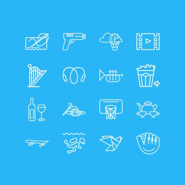 16 eğlence simgeler çizgi stili vektör Illustration. Düzenlenebilir trompet, atlama ipi, basketbol ve diğer simge öğeleri kümesi.