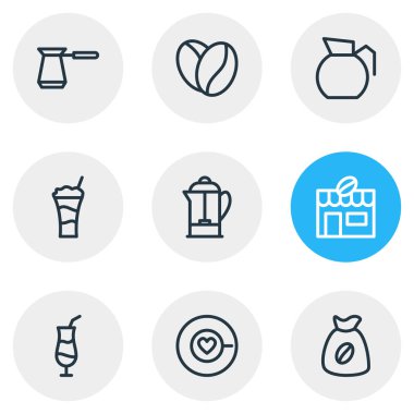 9 kahve simgeler çizgi stili vektör Illustration. Çuval, latte, cezve ve diğer simge öğeleri düzenlenebilir kümesi.