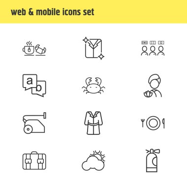 12 Turizm simgeler çizgi stili vektör Illustration. Düzenlenebilir çay kruvasan, spa, yemek ve diğer simge öğeleri kümesi.