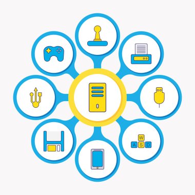 9 defter simgeler renkli çizgi vektör Illustration. Düzenlenebilir set qwerty, telefon, disket ve diğer simge öğeleri.