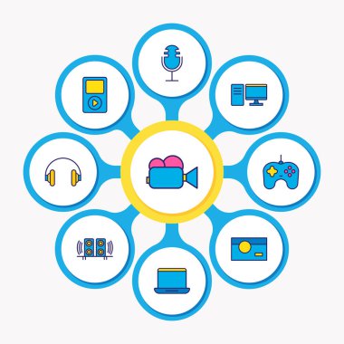 9 gadget simgeler renkli çizgi vektör Illustration. Masaüstü bilgisayar, mikrofon, dizüstü bilgisayar ve diğer simge öğeleri düzenlenebilir kümesi.