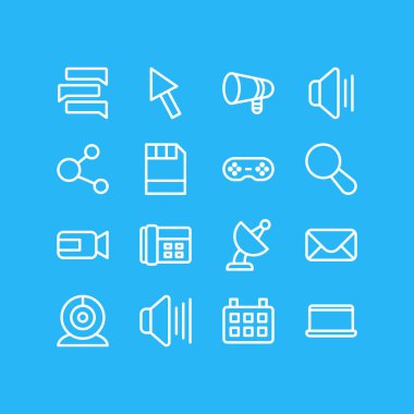 16 müzik simgeleri çizgi stili vektör Illustration. Uydu, paylaşım, arama ve diğer simge öğeleri düzenlenebilir kümesi.