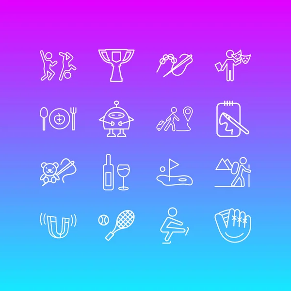 Illustration vectorielle du style de ligne 16 icônes de style de vie. Ensemble modifiable de tennis, robots, randonnées et autres éléments emblématiques . — Image vectorielle