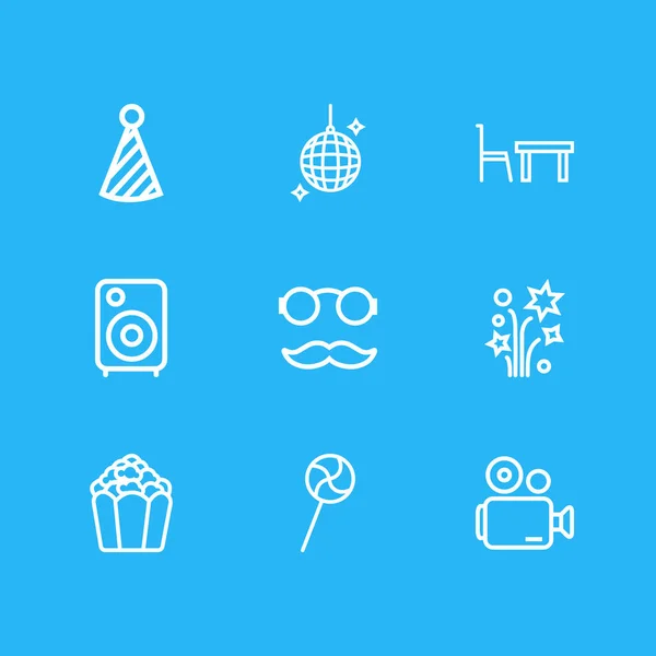 Ilustración vectorial de 9 iconos de celebración estilo de línea. Conjunto editable de cámara de vídeo, bola disco, altavoz y otros elementos del icono . — Archivo Imágenes Vectoriales