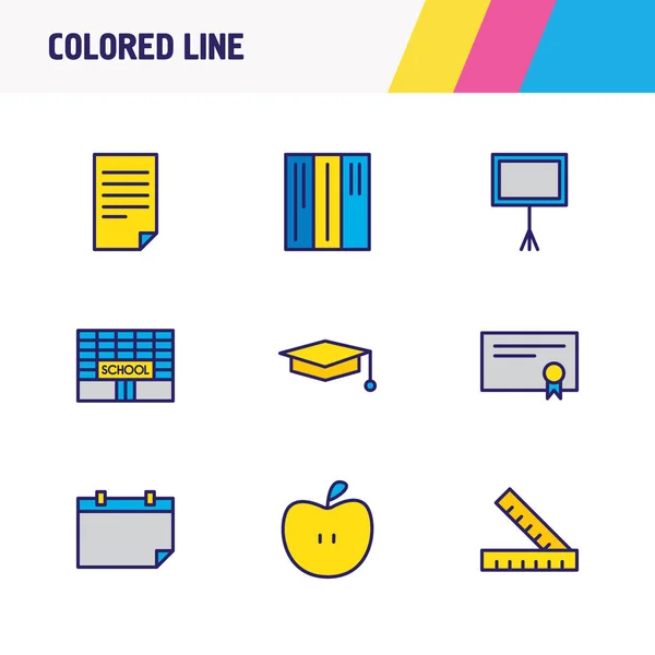 Векторна ілюстрація 9 піктограм освіти кольорової лінії. Змінений набір випускників, документ, будівля школи та інші елементи піктограм . — стоковий вектор