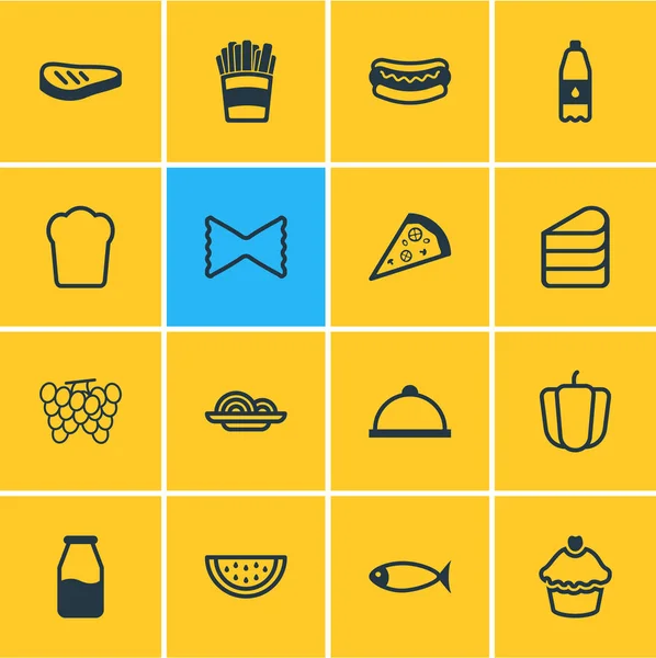Vektoros illusztráció 16 eszik ikonok vonalstílust. Szerkeszthető csoportja, sült krumpli, sült hús, cupcake és egyéb ikon. — Stock Vector